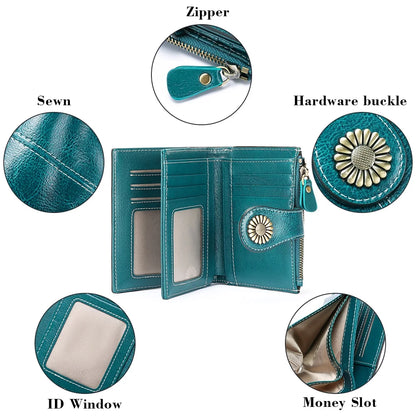 Small Women’s Leather Bifold Wallet with RFID & Zipper Coin Pocket