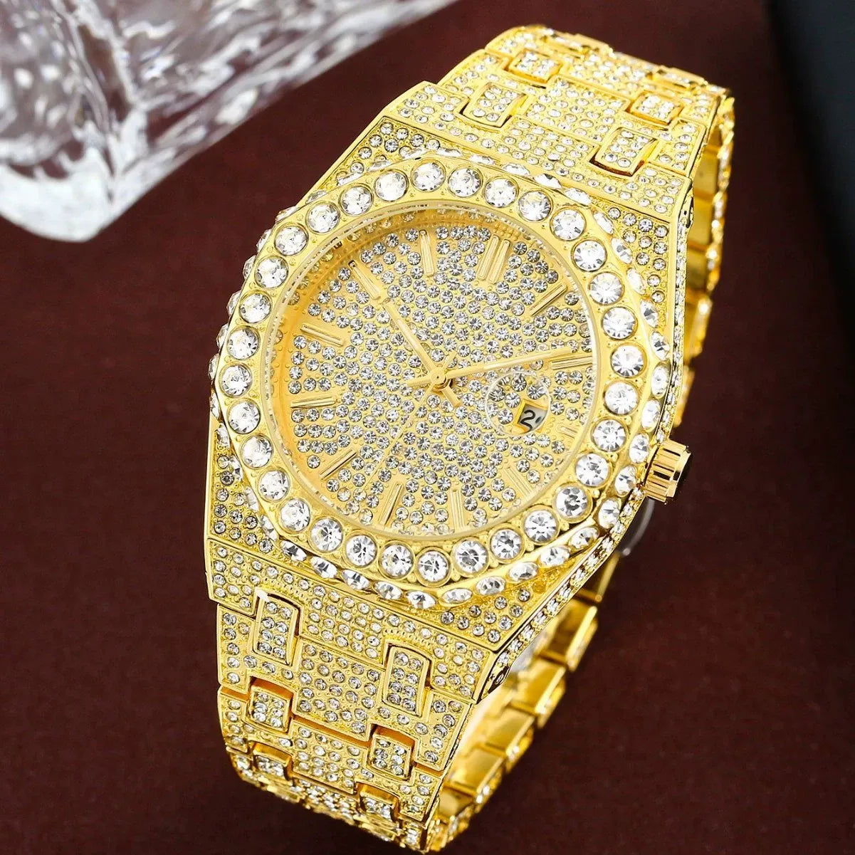 Luxury 18K White Gold Plated Full Diamond Quartz Watch