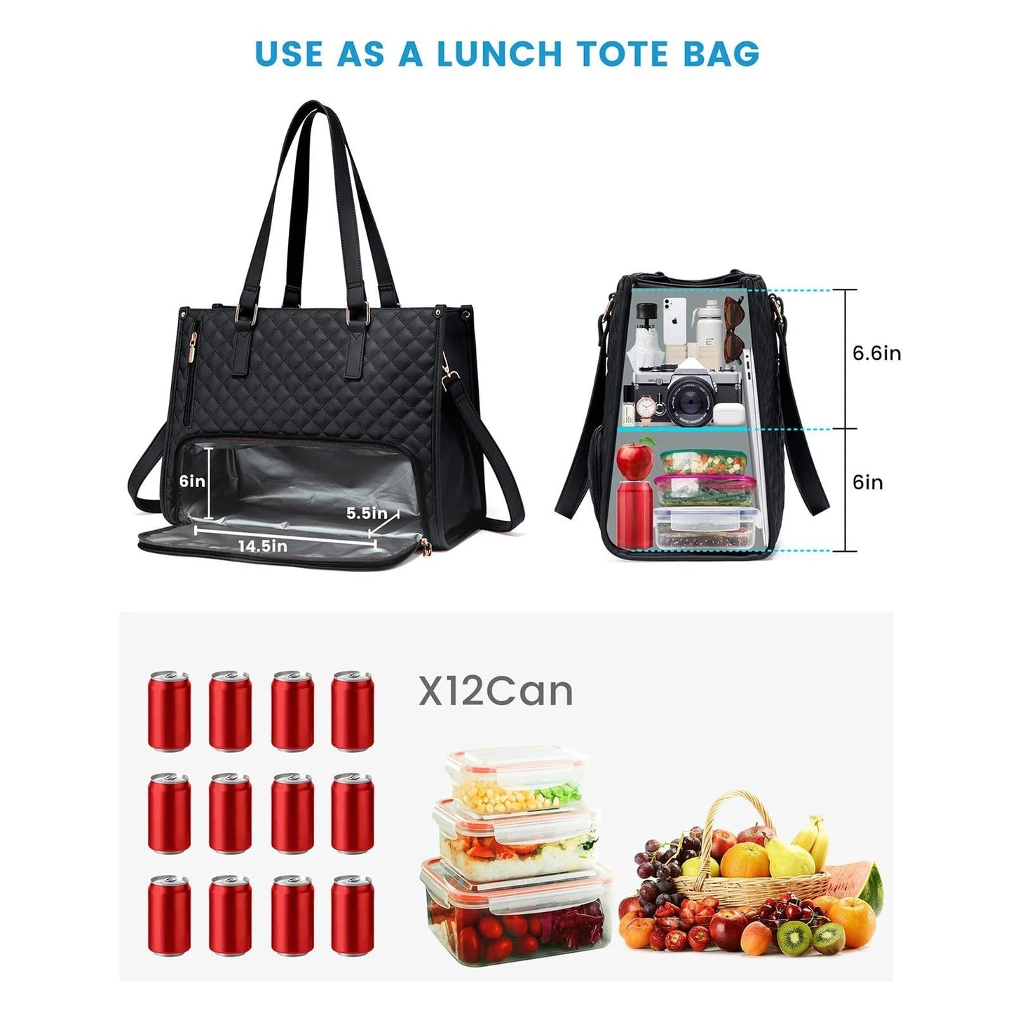 Lunch Tote Bag for Women – Quilted Laptop Handbag with Insulated Lunch Compartment