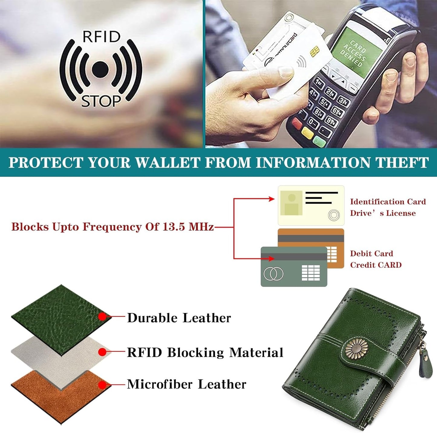 Small Women’s Leather Bifold Wallet with RFID & Zipper Coin Pocket